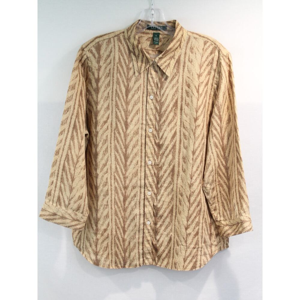 Lauren Ralph Lauren Top Vtg Linen Womens XL Brown Beige 3/4 Sleeve Button-Up